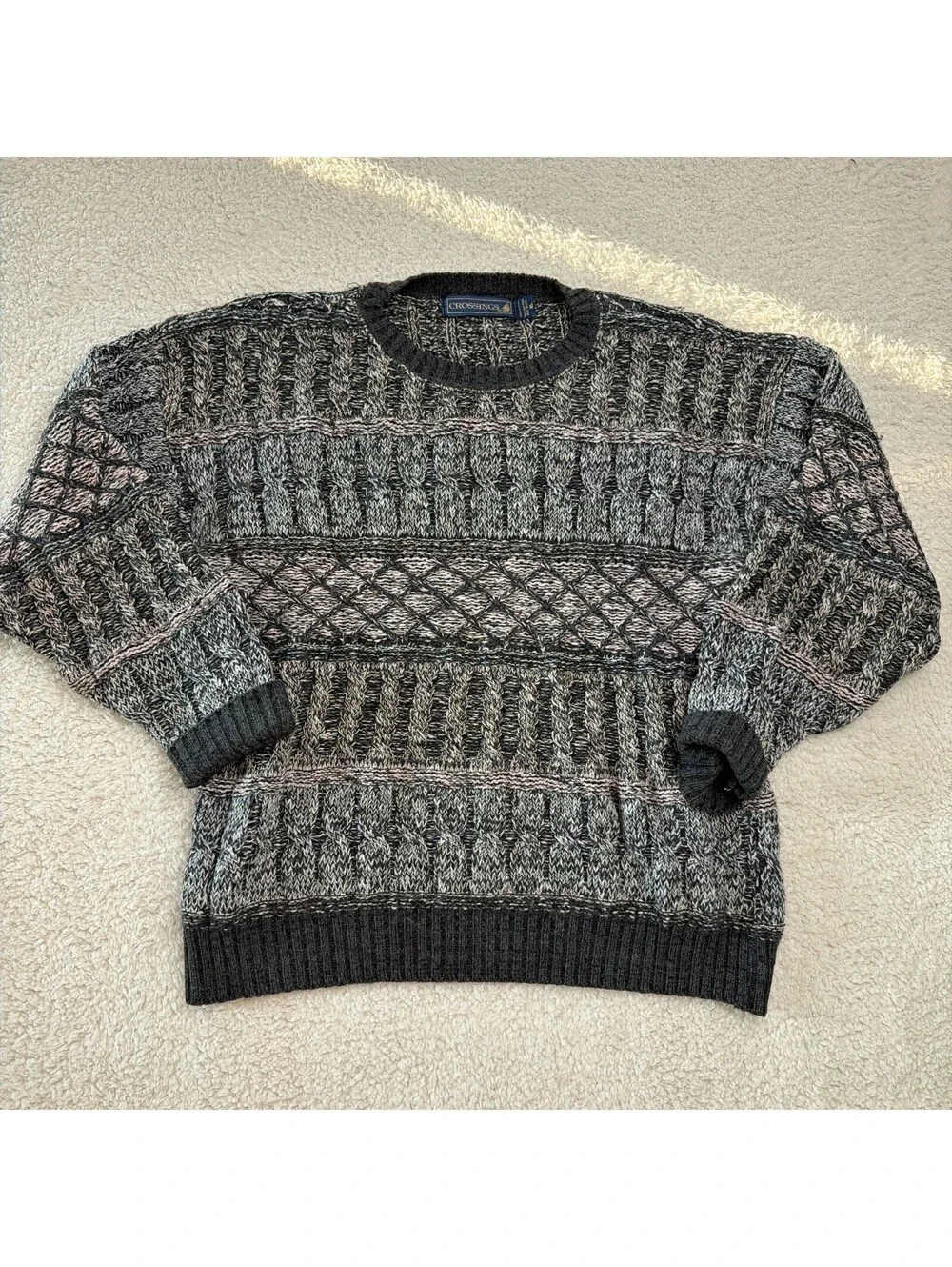 Vintage 90s Grandpa Sweater Mens XL Gray Marled Cable Knit Crewneck Made in USA